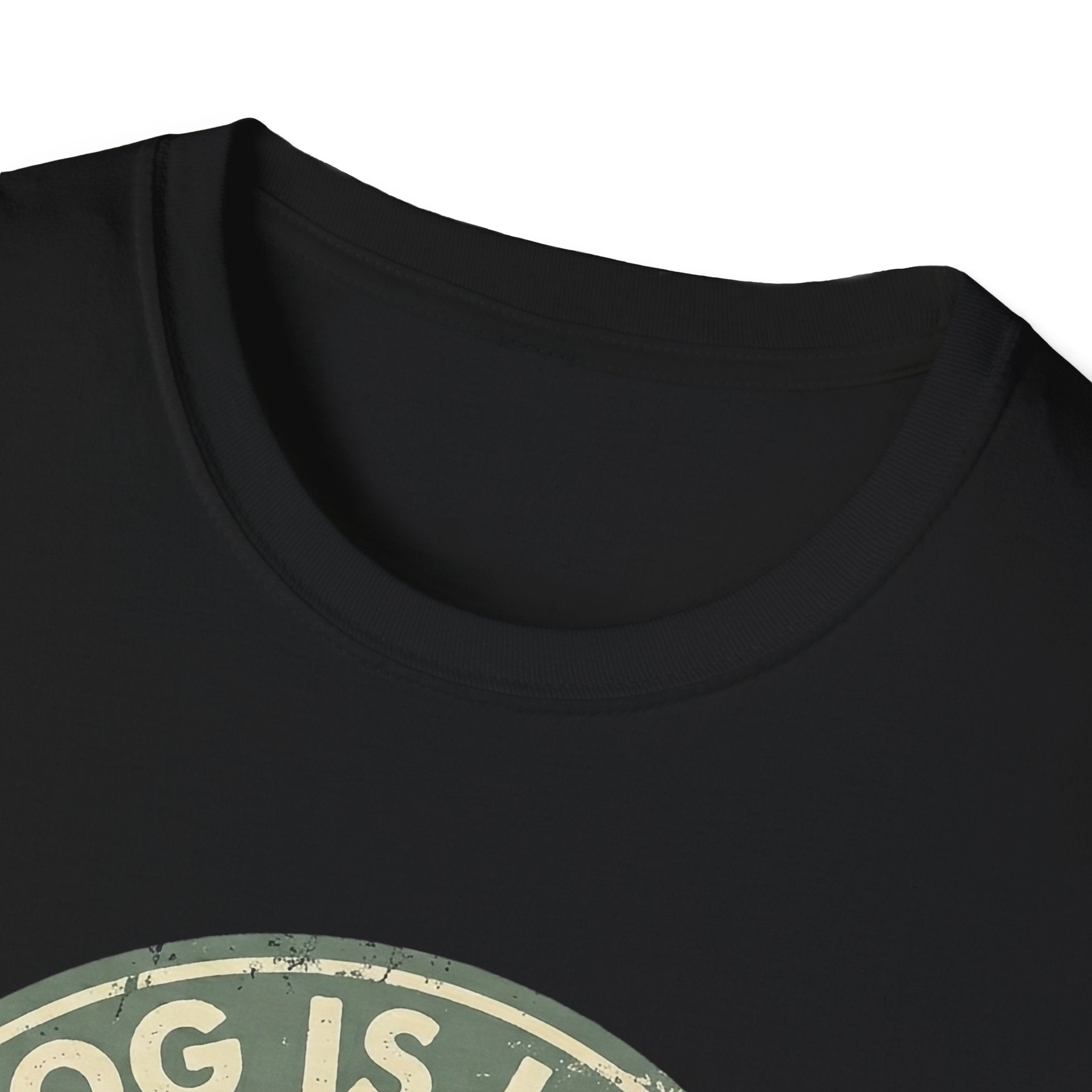 Dog is Love T-Shirt close-up detail of the collar and top of the vintage circular badge graphic on a black shirt.