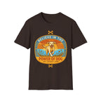 Believe in the Power of Dog Yellow Lab T-Shirt in dark chocolate brown, flat lay view showing a retro-style oval badge with a halo-wearing yellow Labrador running joyfully through a sunlit field, with the words 'Joy Loyalty Love' and crossed bones.