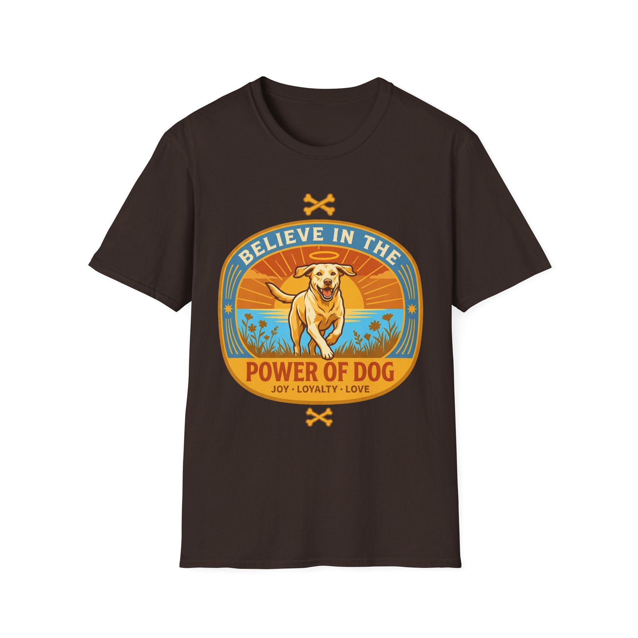 Believe in the Power of Dog Yellow Lab T-Shirt in dark chocolate brown, flat lay view showing a retro-style oval badge with a halo-wearing yellow Labrador running joyfully through a sunlit field, with the words 'Joy Loyalty Love' and crossed bones.