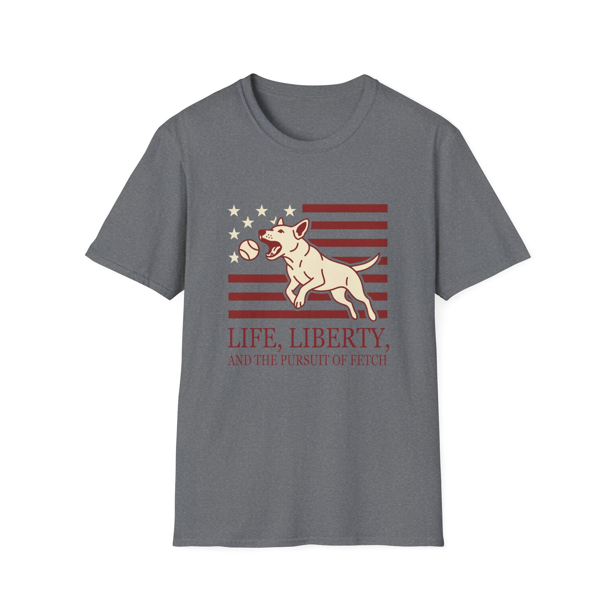 Pursuit of Fetch T-Shirt flat lay in heather gray, featuring a leaping dog catching a tennis ball over a flag of red stripes and stars, with text reading 'Life, Liberty, and the Pursuit of Fetch.'