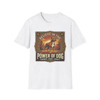 Believe in the Power of Dog Pitbull Cityscape T-Shirt in white, flat lay, featuring a retro-style badge graphic of a muscular brown and white Pitbull standing proudly before a warm urban cityscape at sunset, with text reading Believe in the Power of Dog and Strength, Heart, Loyalty.