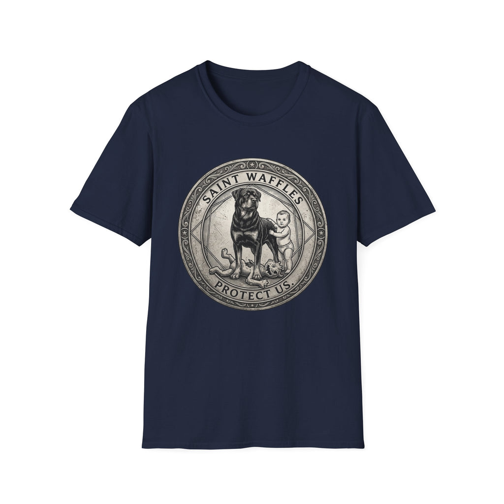 Saint Waffles Protect Us T-Shirt flat lay in navy, featuring a vintage medallion graphic of a Rottweiler standing protectively beside a small child with the text Saint Waffles Protect Us.