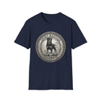 Saint Waffles Protect Us T-Shirt flat lay in navy, featuring a vintage medallion graphic of a Rottweiler standing protectively beside a small child with the text Saint Waffles Protect Us.