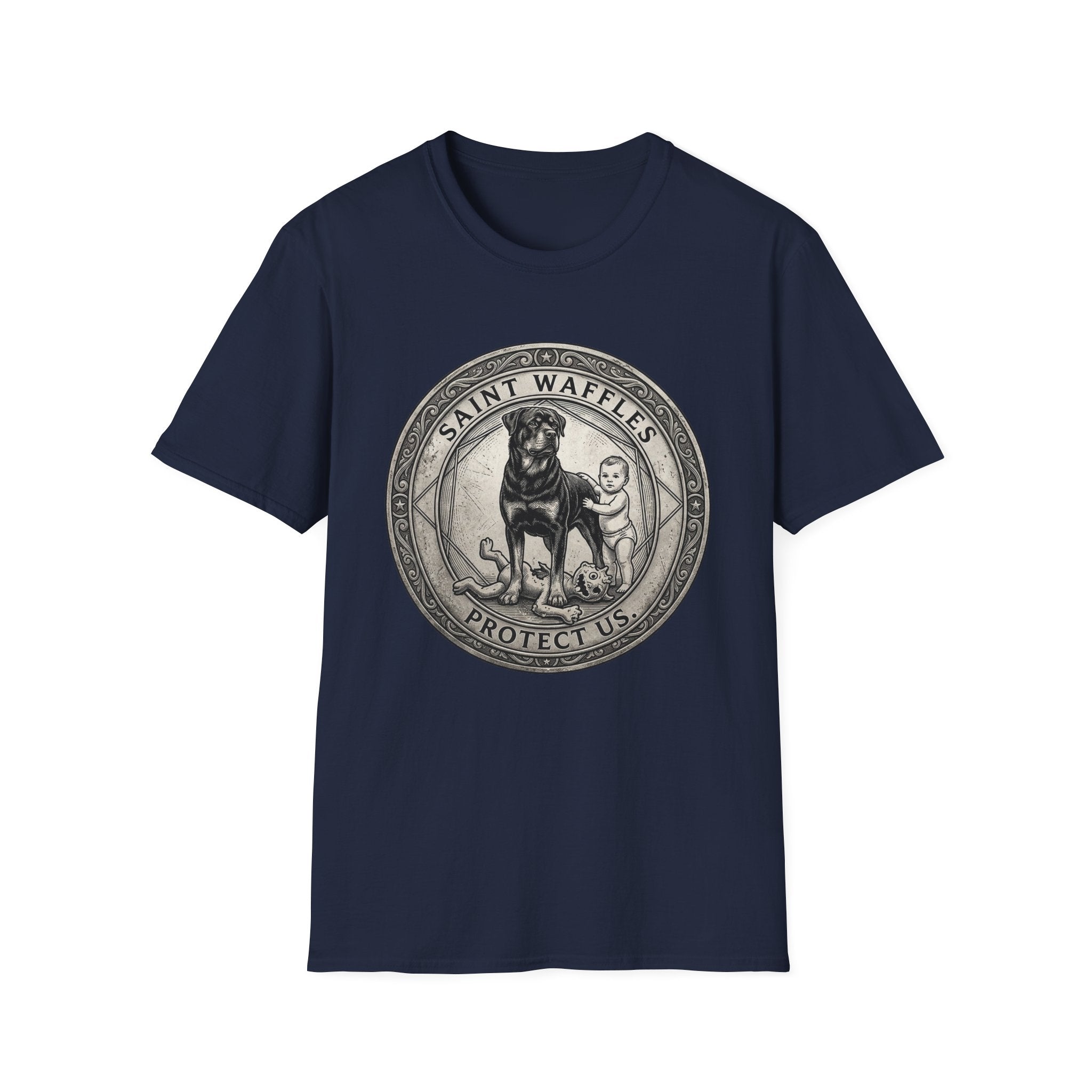 Saint Waffles Protect Us T-Shirt flat lay in navy, featuring a vintage medallion graphic of a Rottweiler standing protectively beside a small child with the text Saint Waffles Protect Us.