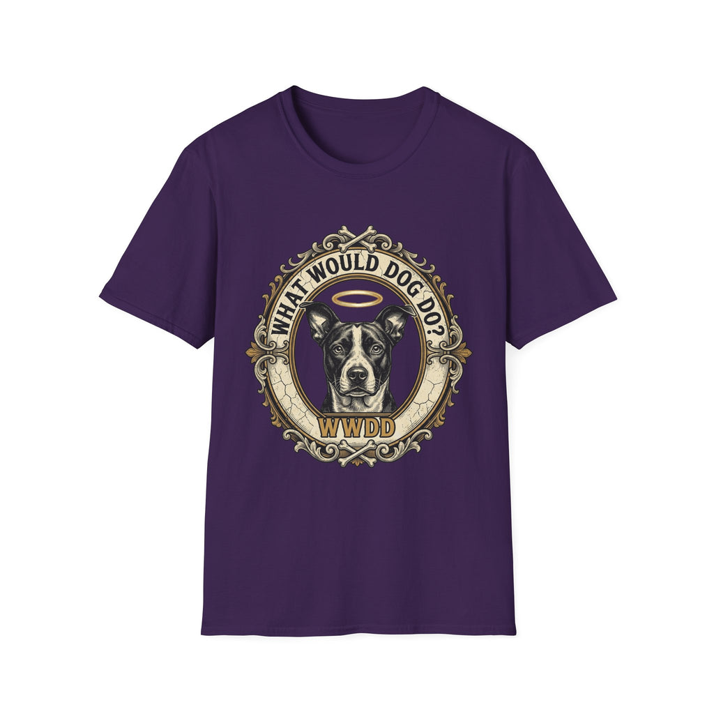 What Would Dog Do T-Shirt flat lay on purple shirt featuring an ornate vintage frame design with a halo-wearing pit bull and the text What Would Dog Do? WWDD.