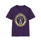 What Would Dog Do T-Shirt flat lay on purple shirt featuring an ornate vintage frame design with a halo-wearing pit bull and the text What Would Dog Do? WWDD.