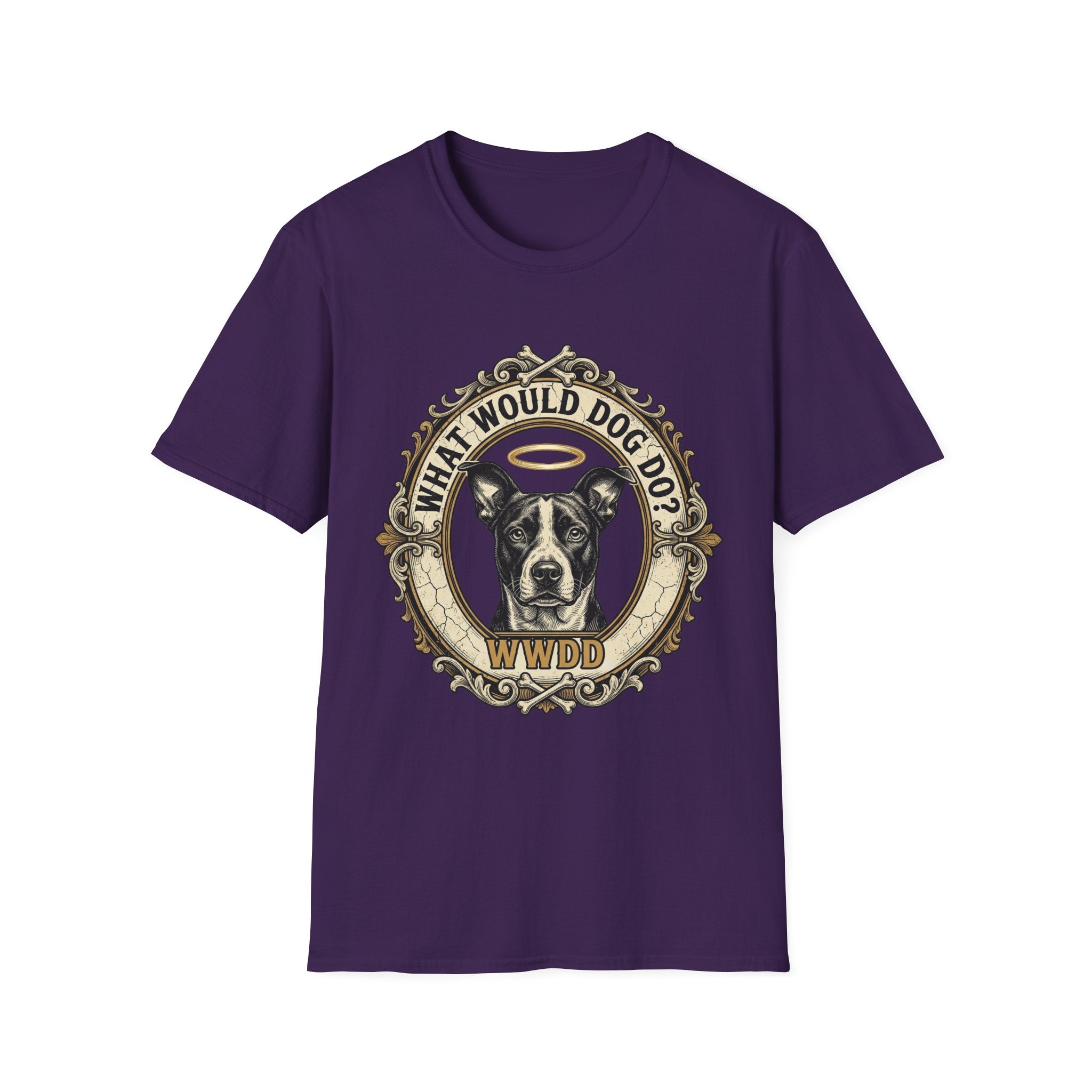 What Would Dog Do T-Shirt flat lay on purple shirt featuring an ornate vintage frame design with a halo-wearing pit bull and the text What Would Dog Do? WWDD.