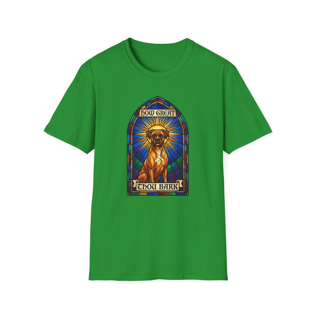 How Great Thou Bark Boxer T-Shirt flat lay on Irish green shirt featuring a stained glass arched window graphic of a saintly Boxer dog seated with a golden halo, with 'How Great Thou Bark' scrolls above and below.