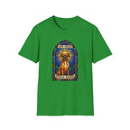 How Great Thou Bark Boxer T-Shirt flat lay on Irish green shirt featuring a stained glass arched window graphic of a saintly Boxer dog seated with a golden halo, with 'How Great Thou Bark' scrolls above and below.