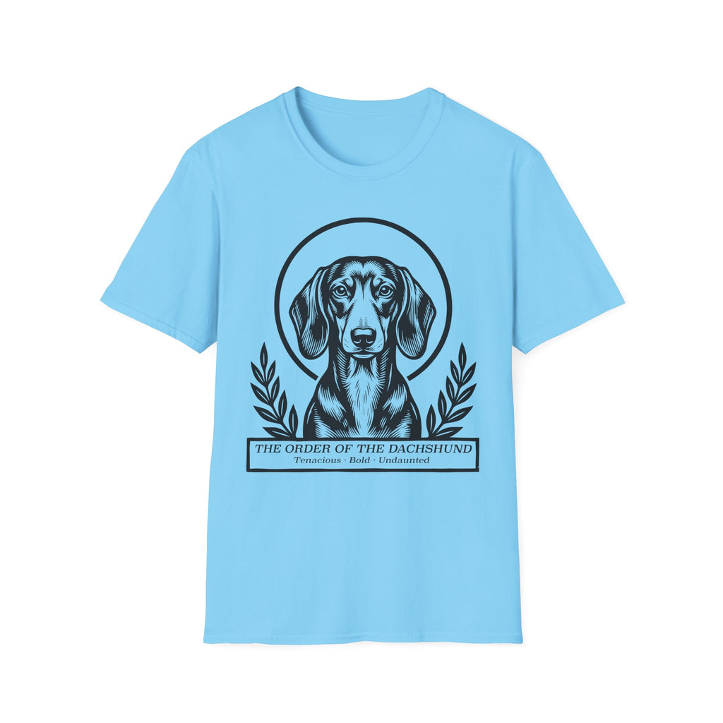 Holy Orders | Dachshund T-Shirt flat lay on black shirt featuring a stained glass style illustration of a Dachshund depicted as a holy figure with a golden halo and the text 'Holy Orders.'