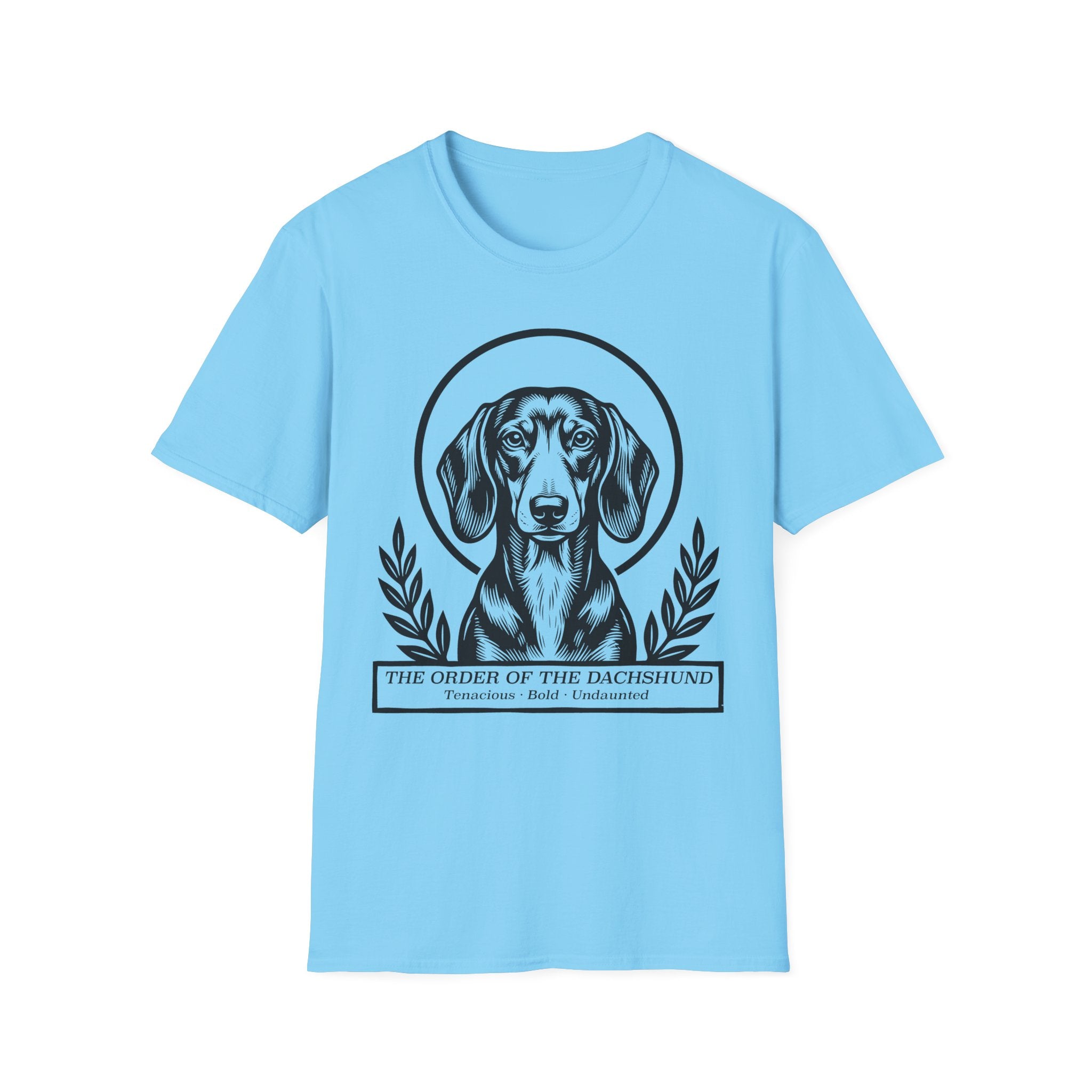 Holy Orders | Dachshund T-Shirt flat lay on black shirt featuring a stained glass style illustration of a Dachshund depicted as a holy figure with a golden halo and the text 'Holy Orders.'