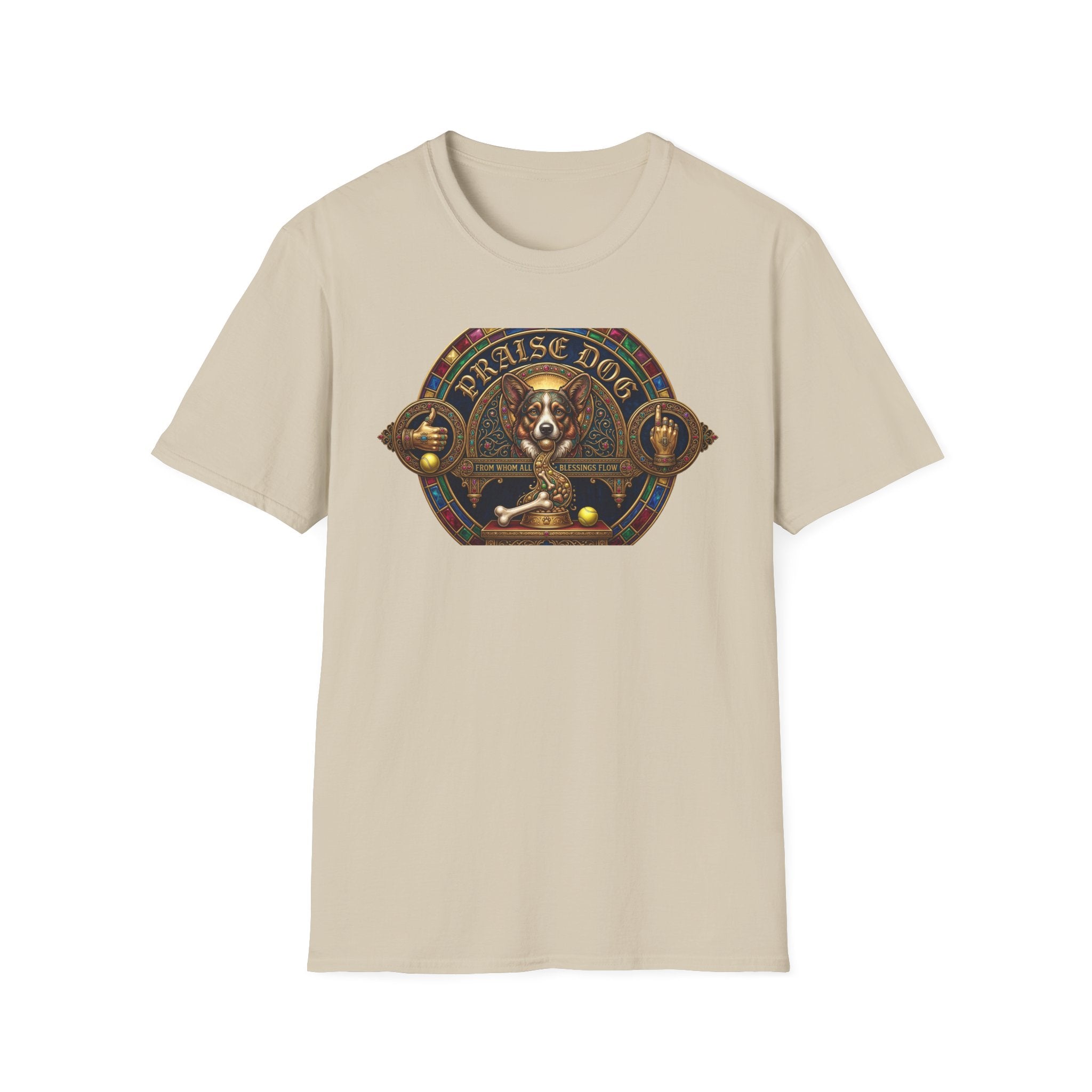 Praise Dog From Whom All Blessings Flow Corgi T-Shirt flat lay in natural tan, featuring an ornate medieval stained-glass style graphic of a regal corgi seated in a jewel-encrusted octagonal frame with gold gothic lettering and dog bone and tennis ball accents.