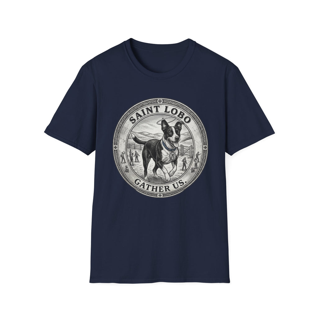 Saint Lobo Gather Us T-Shirt flat lay in navy, featuring a vintage medallion graphic of a leaping border collie-style dog with a halo, surrounded by the text 'Saint Lobo — Gather Us.'