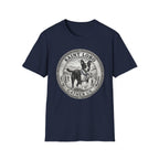 Saint Lobo Gather Us T-Shirt flat lay in navy, featuring a vintage medallion graphic of a leaping border collie-style dog with a halo, surrounded by the text 'Saint Lobo — Gather Us.'