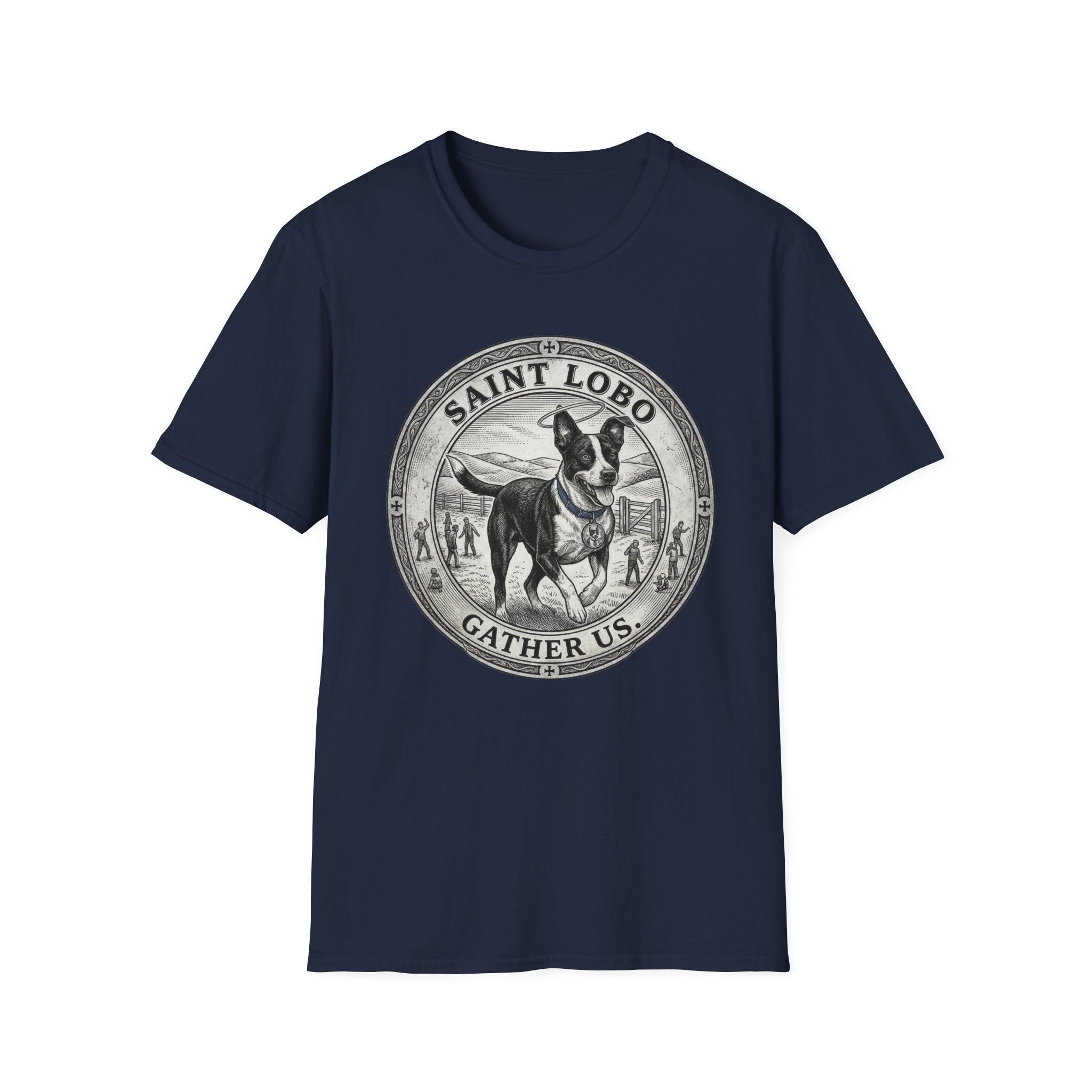 Saint Lobo Gather Us T-Shirt flat lay in navy, featuring a vintage medallion graphic of a leaping border collie-style dog with a halo, surrounded by the text 'Saint Lobo — Gather Us.'