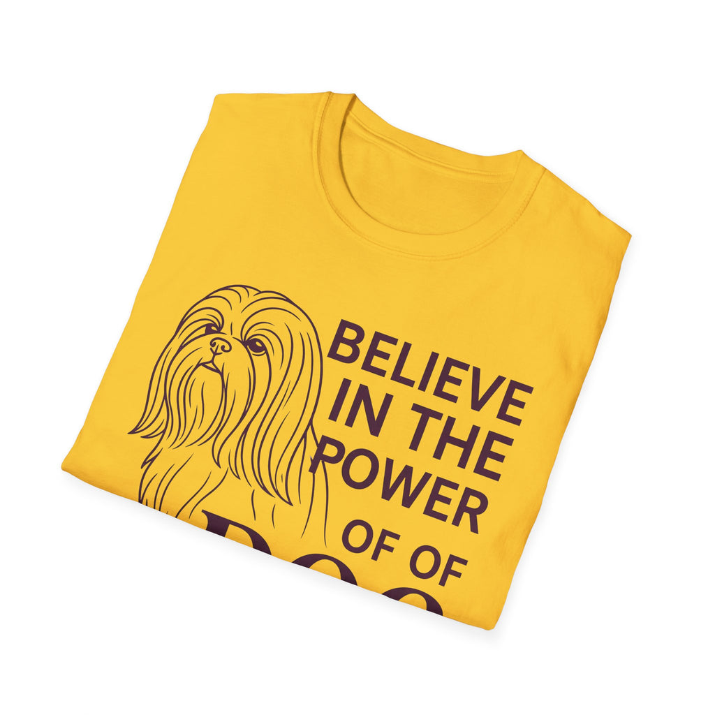 Believe in the Power of Dog Shih Tzu Line Art T-Shirt in yellow gold, folded flat lay showing the Shih Tzu line art and Believe in the Power of Dog text.