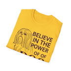 Believe in the Power of Dog Shih Tzu Line Art T-Shirt in yellow gold, folded flat lay showing the Shih Tzu line art and Believe in the Power of Dog text.