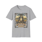 For the Love of Dog Whippet T-Shirt flat lay in sport gray featuring a crowned whippet seated on a throne in a vintage illustration with an ornate thorn and bone border, "For the Love of Dog" banner below.