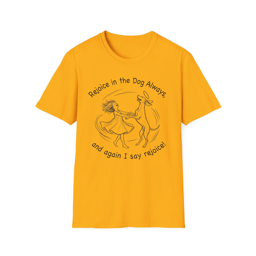 Rejoice in the Dog Vizsla T-Shirt in gold, flat lay mockup showing a woman joyfully dancing with a slender Vizsla line-art illustration and the text 'Rejoice in the Dog Always, and again I say rejoice!'