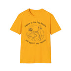 Rejoice in the Dog Vizsla T-Shirt in gold, flat lay mockup showing a woman joyfully dancing with a slender Vizsla line-art illustration and the text 'Rejoice in the Dog Always, and again I say rejoice!'