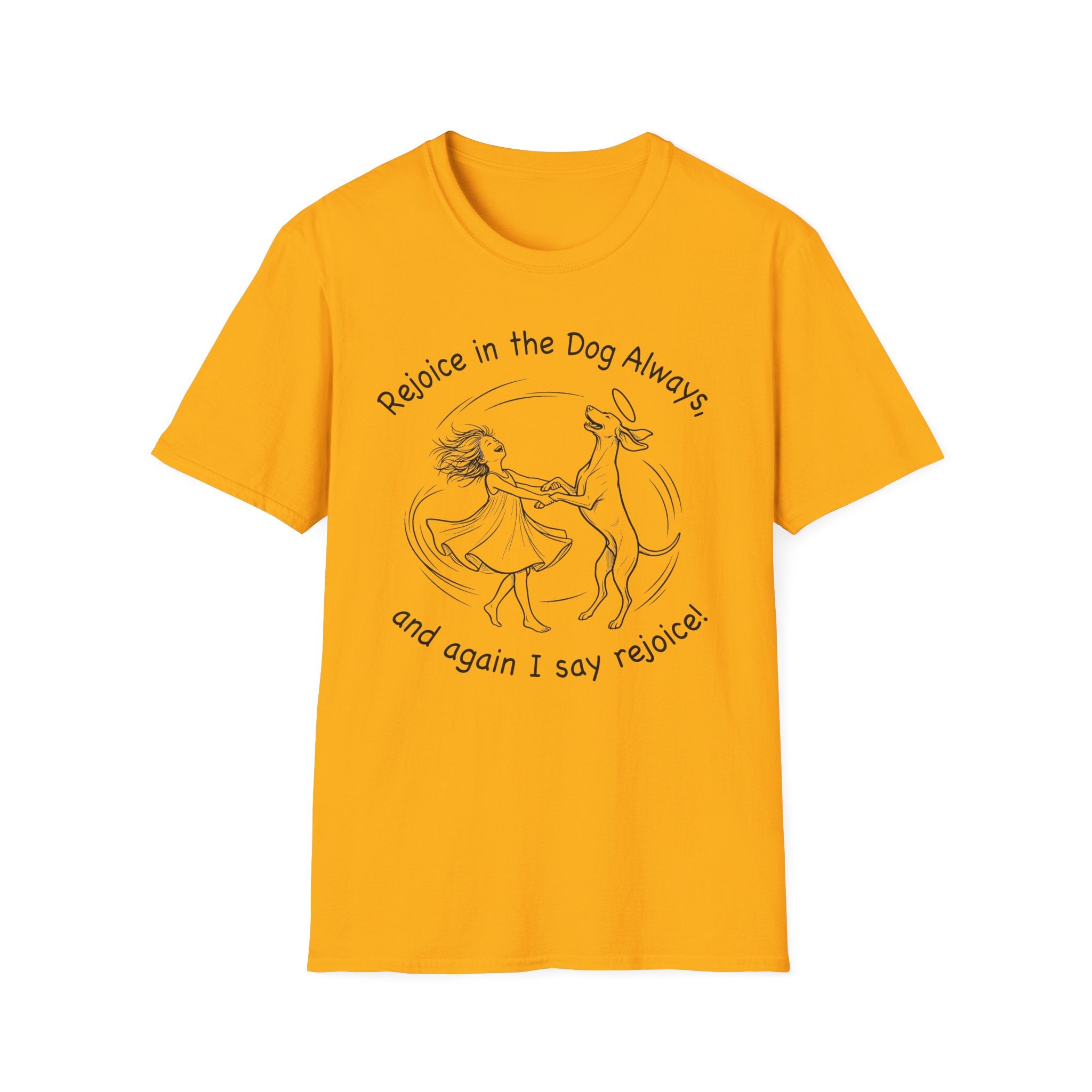 Rejoice in the Dog Vizsla T-Shirt in gold, flat lay mockup showing a woman joyfully dancing with a slender Vizsla line-art illustration and the text 'Rejoice in the Dog Always, and again I say rejoice!'