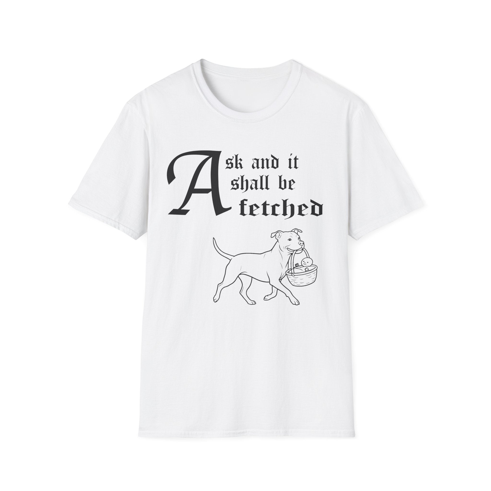 Pitbull Ask and It Shall Be Fetched T-Shirt flat lay on sage green shirt featuring a Shel Silverstein-style pen-and-ink illustration of a Pitbull proudly trotting with a baby in a reed basket and the text 'Ask and it shall be fetched.'