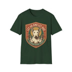 Let Go Let Dog Bull Terrier T-Shirt in forest green, flat lay, featuring a vintage shield badge with a white bull terrier raising both paws and the text 'Let Go and Let Dog, Established 2024'.
