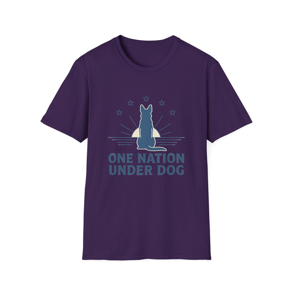 One Nation Under Dog T-Shirt flat lay in purple, featuring a blue dog silhouette seated before a rising sun with rays and surrounding stars, with bold text reading 'One Nation Under Dog.'