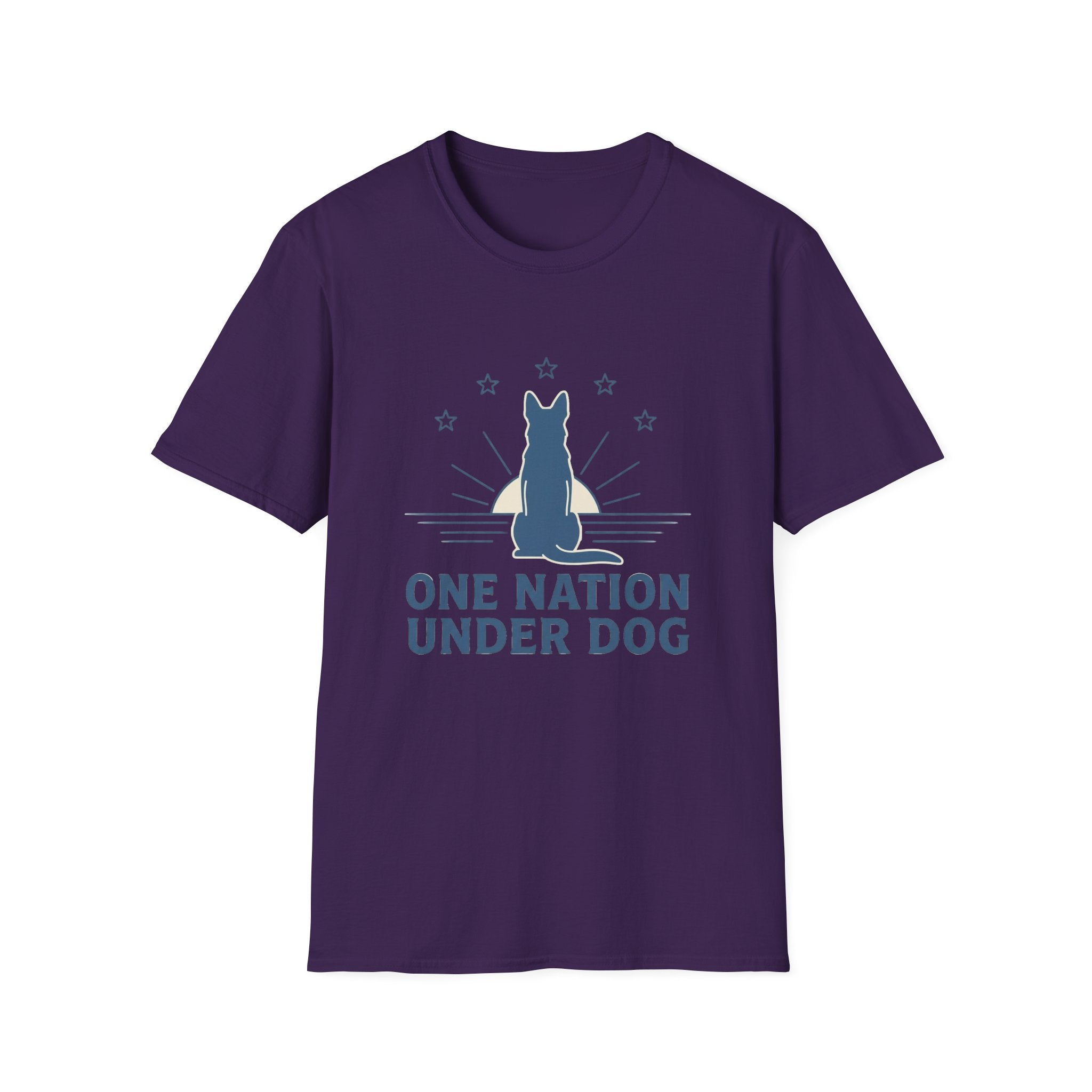 One Nation Under Dog T-Shirt flat lay in purple, featuring a blue dog silhouette seated before a rising sun with rays and surrounding stars, with bold text reading 'One Nation Under Dog.'