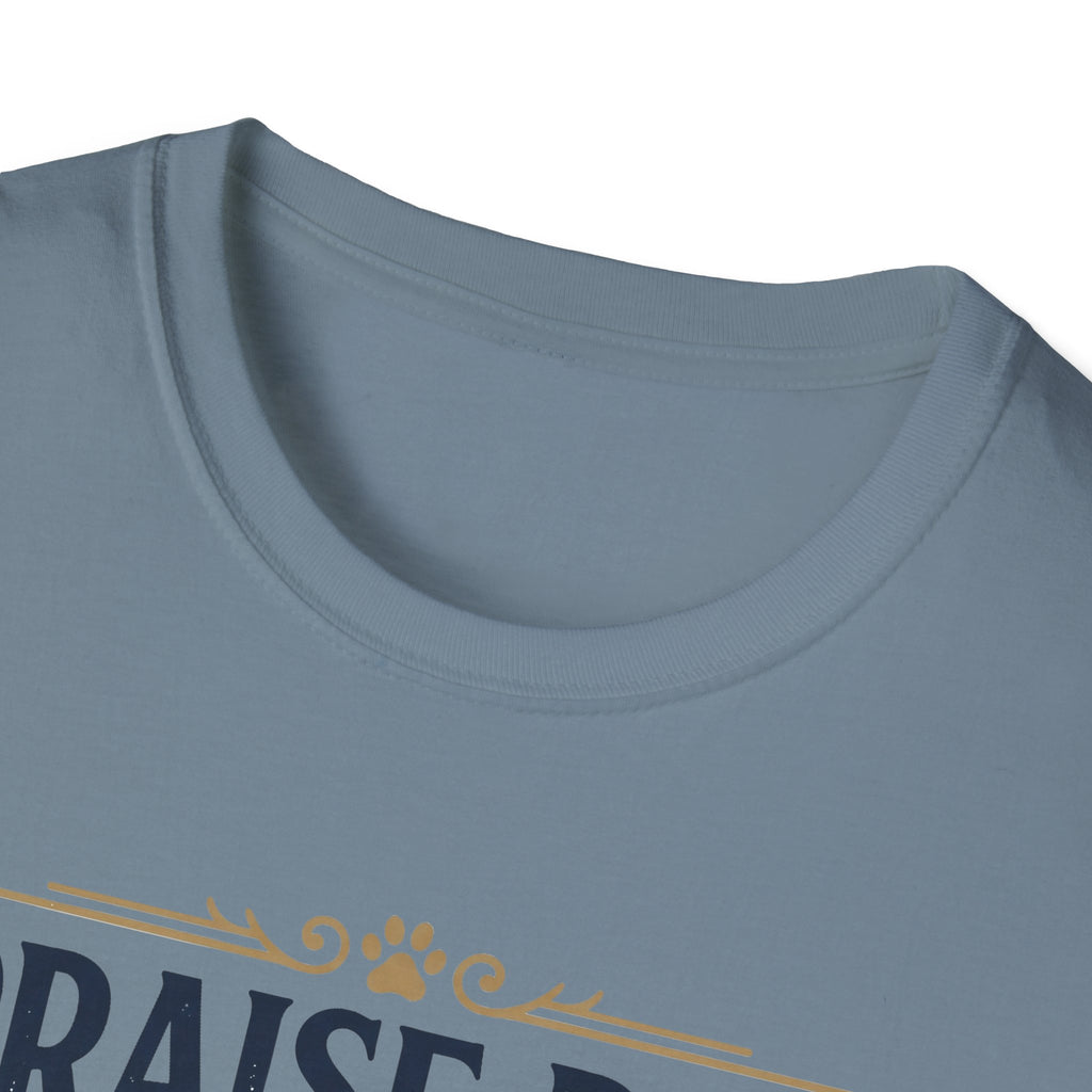Praise Dog From Whom All Blessings Flow Golden Retriever T-Shirt close-up detail of the collar area on a slate blue shirt, showing paw print and scroll accents of the Praise Dog graphic.