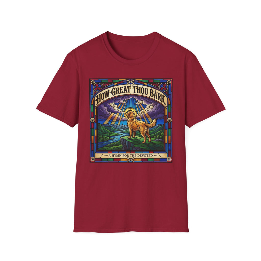 How Great Thou Bark Golden Retriever T-shirt flat lay, cardinal red shirt featuring a stained-glass style graphic of a golden retriever on a hilltop with sunbeams and the text 'How Great Thou Bark – A Hymn for the Devoted.'