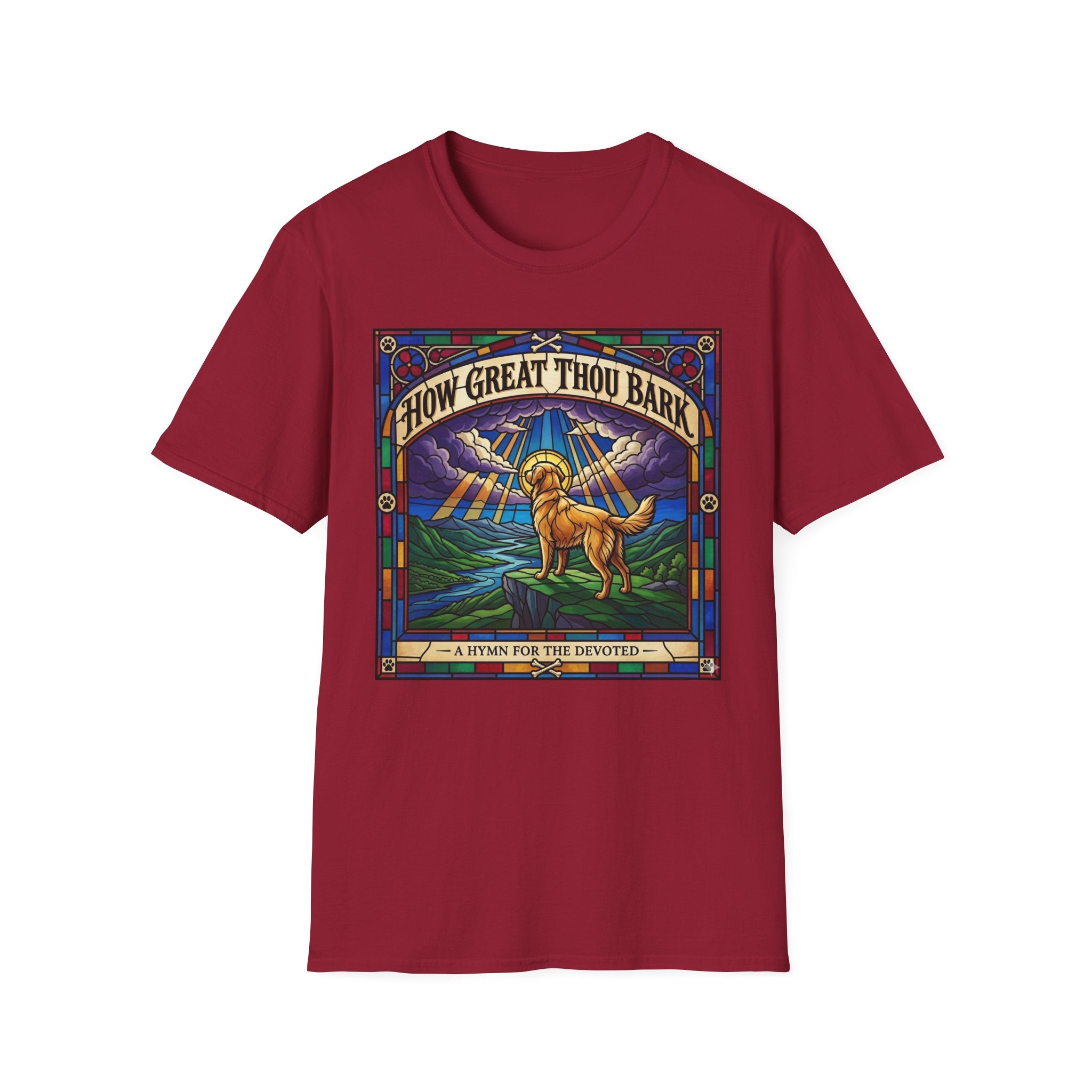 How Great Thou Bark Golden Retriever T-shirt flat lay, cardinal red shirt featuring a stained-glass style graphic of a golden retriever on a hilltop with sunbeams and the text 'How Great Thou Bark – A Hymn for the Devoted.'
