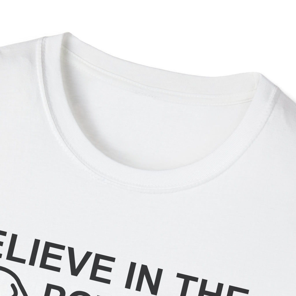 Believe in the Power of Dog T-Shirt close-up detail in white, showing the collar area and the top of the retro graphic with dog text.