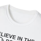 Believe in the Power of Dog T-Shirt close-up detail in white, showing the collar area and the top of the retro graphic with dog text.