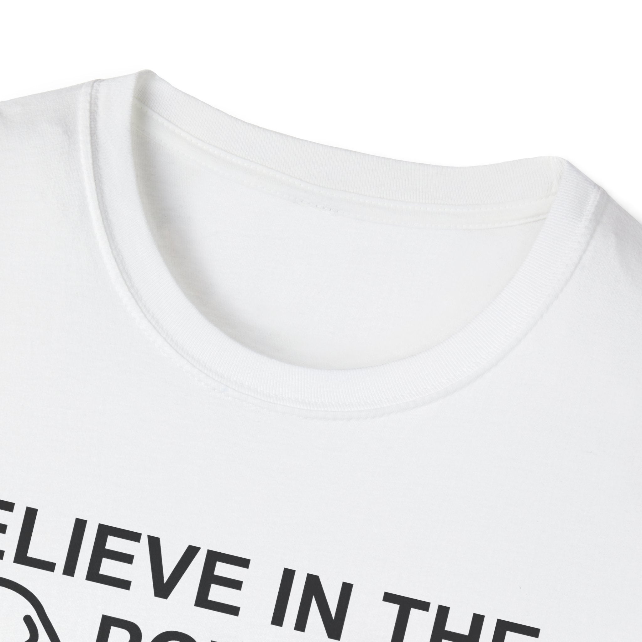 Believe in the Power of Dog T-Shirt close-up detail in white, showing the collar area and the top of the retro graphic with dog text.