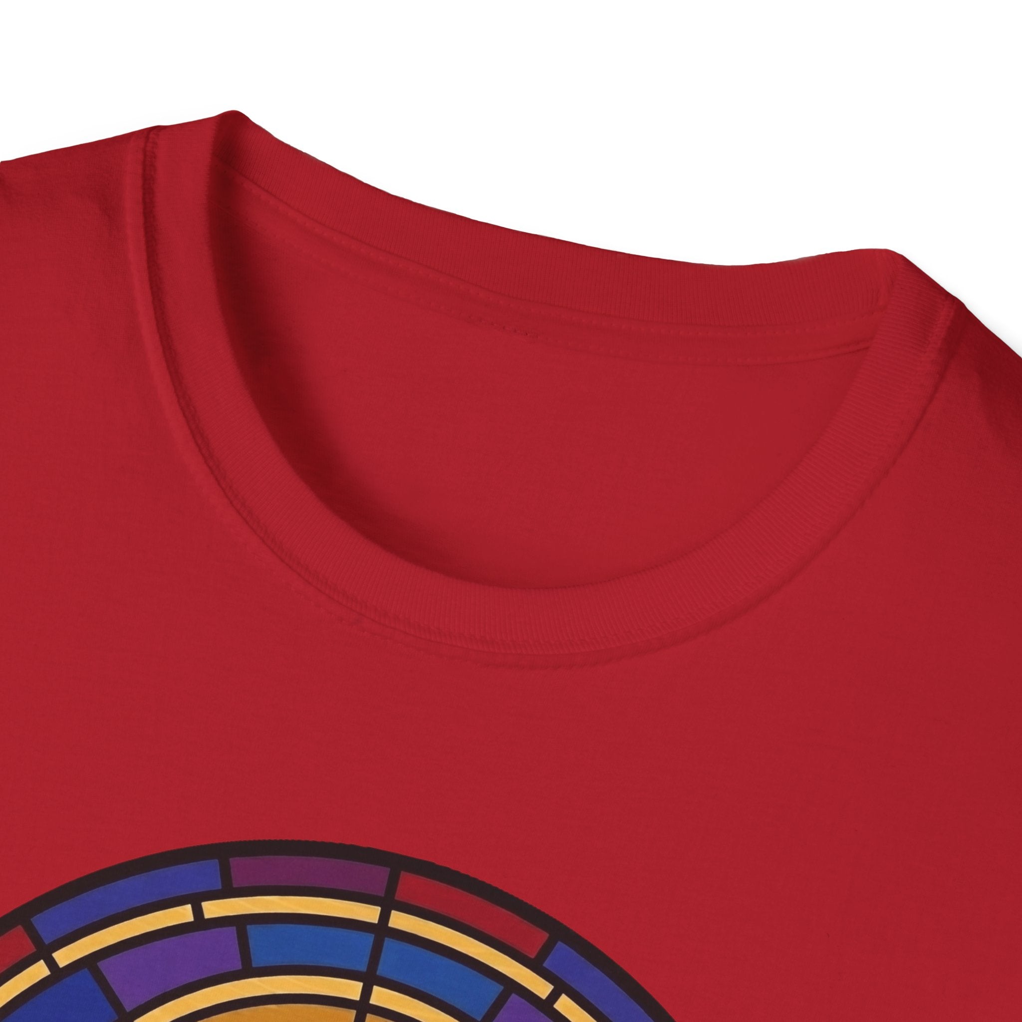 Let Go Let Dog Poodle T-Shirt, close-up detail of stained-glass style arch design on red tee showing colorful mosaic border.