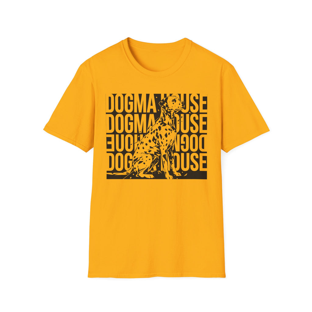 Dogma House Dalmatian T-Shirt flat lay in gold yellow, featuring a tonal dark gold graphic of a seated Dalmatian overlaid on a repeating 'Dogma House' text block in a street-art style.