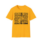 Dogma House Dalmatian T-Shirt flat lay in gold yellow, featuring a tonal dark gold graphic of a seated Dalmatian overlaid on a repeating 'Dogma House' text block in a street-art style.