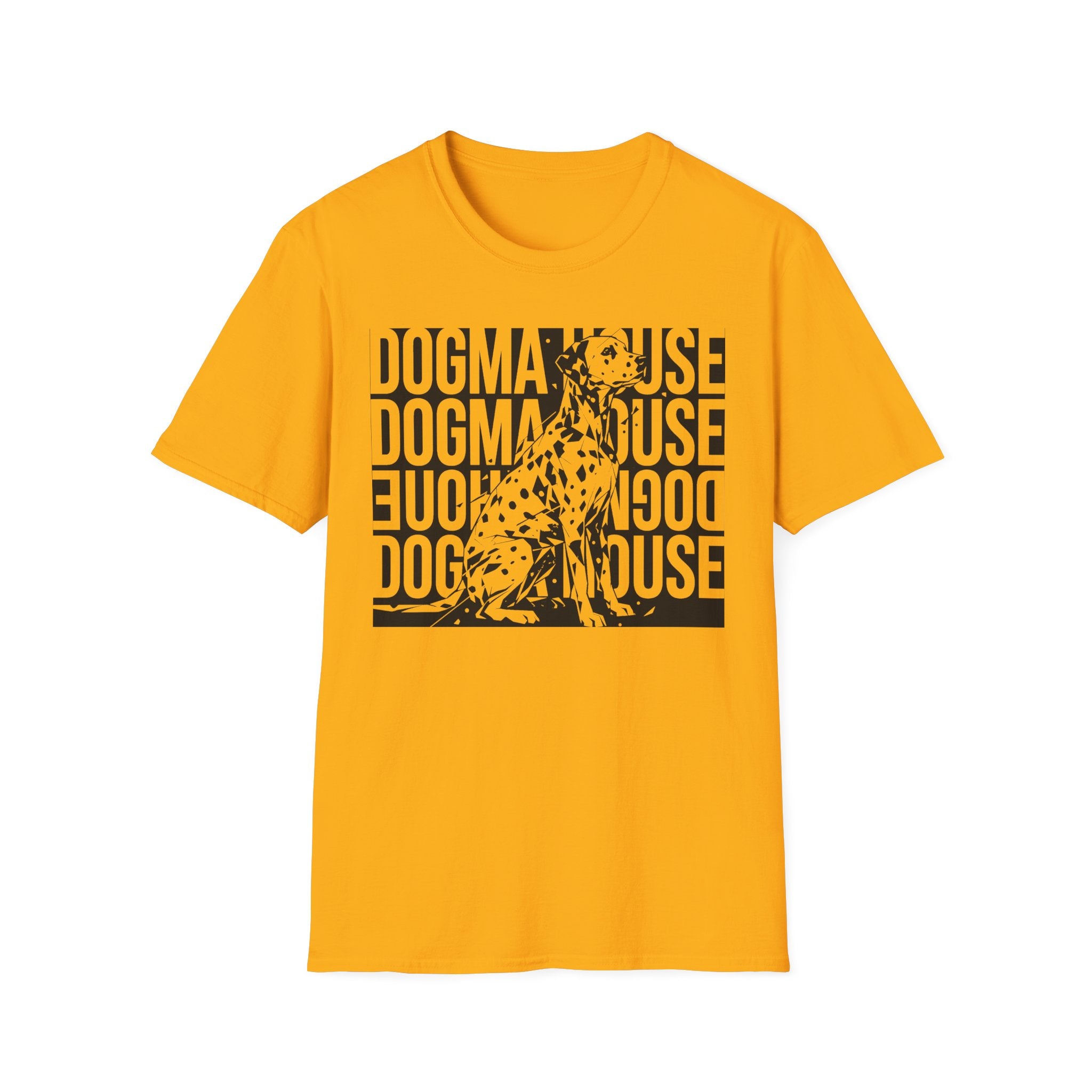 Dogma House Dalmatian T-Shirt flat lay in gold yellow, featuring a tonal dark gold graphic of a seated Dalmatian overlaid on a repeating 'Dogma House' text block in a street-art style.