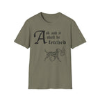 Dalmatian Ask and It Shall Be Fetched T-Shirt detail view featuring a Shel Silverstein-style pen-and-ink illustration of a Dalmatian proudly trotting with a burning bush and the text 'Ask and it shall be fetched.'