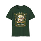 Believe in the Power of Dog Poodle T-Shirt in forest green, flat lay view showing an Art Nouveau-framed graphic of a halo-wearing cream poodle in a garden setting, with floral borders and the words 'Grace Intelligence Love'.