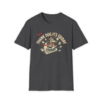 Thank Dog It's Friday T-Shirt flat lay on dark heather grey shirt featuring a retro cartoon dog bursting through a Friday calendar with bold TDIF: Thank Dog It's Friday graphic.