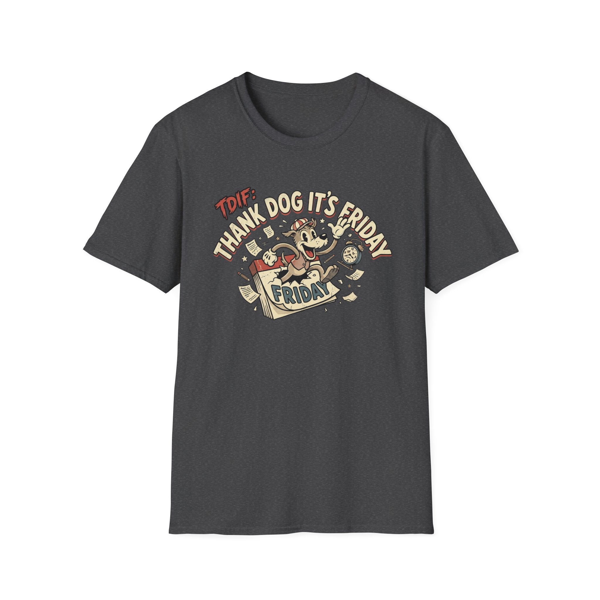 Thank Dog It's Friday T-Shirt flat lay on dark heather grey shirt featuring a retro cartoon dog bursting through a Friday calendar with bold TDIF: Thank Dog It's Friday graphic.