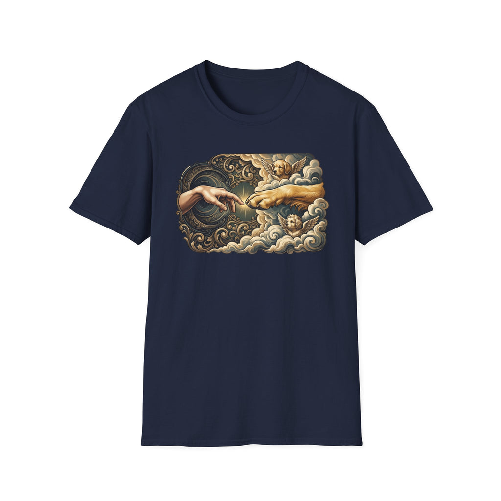 Creation of Adam T-Shirt flat lay in navy blue, featuring a dog-themed parody of the Michelangelo fresco with a human hand reaching toward a dog's paw, an angel golden retriever and cherub amid baroque golden clouds.
