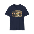 Creation of Adam T-Shirt flat lay in navy blue, featuring a dog-themed parody of the Michelangelo fresco with a human hand reaching toward a dog's paw, an angel golden retriever and cherub amid baroque golden clouds.