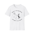 Rejoice in the Dog T-Shirt in white, flat lay, featuring a playful line drawing of a woman joyfully dancing with a leaping dog and the text 'Rejoice in the Dog Always, and again I say rejoice!'