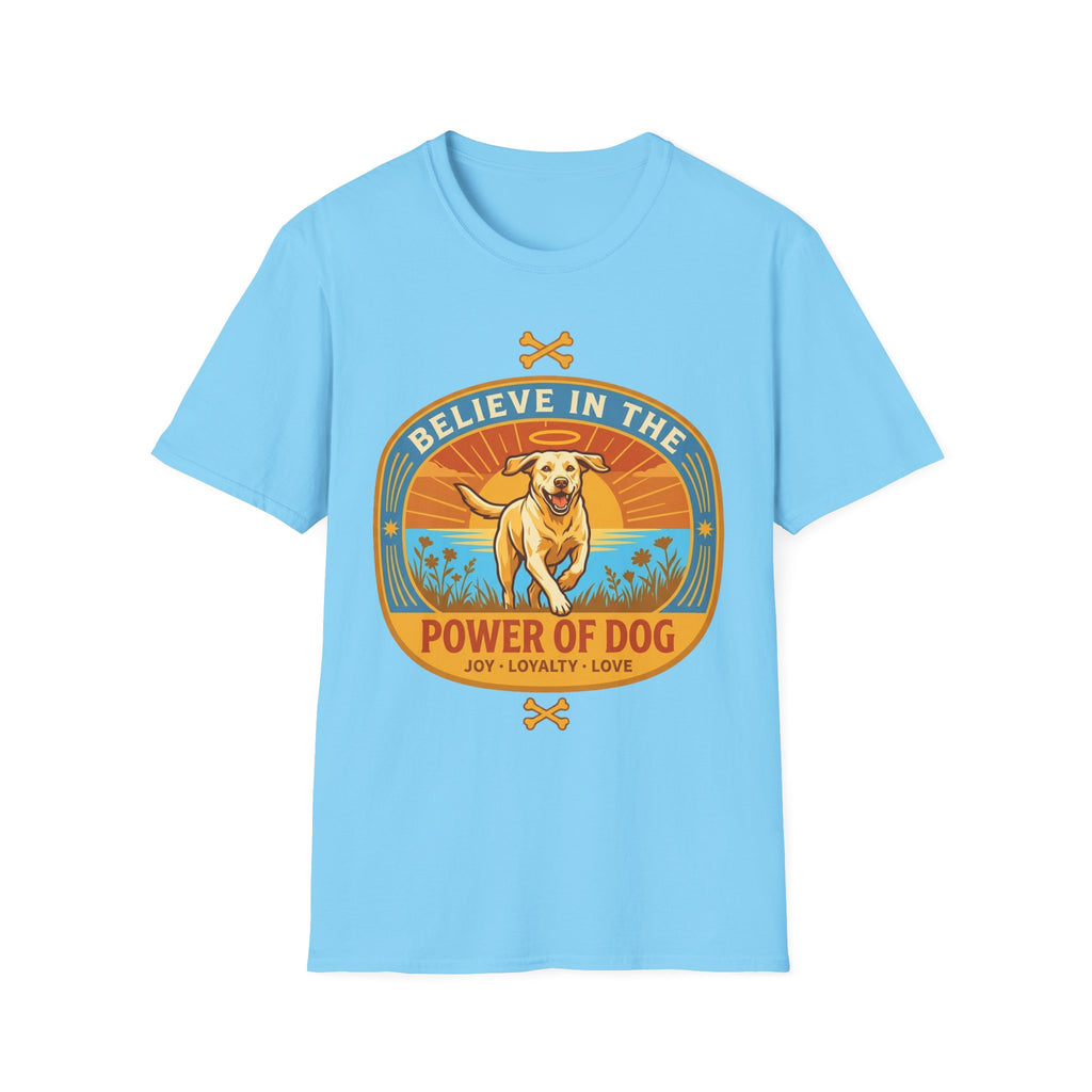 Believe in the Power of Dog Yellow Lab T-Shirt in light blue, flat lay view showing a retro-style oval badge with a halo-wearing yellow Labrador running joyfully through a sunlit field, with the words 'Joy Loyalty Love' and crossed bones.