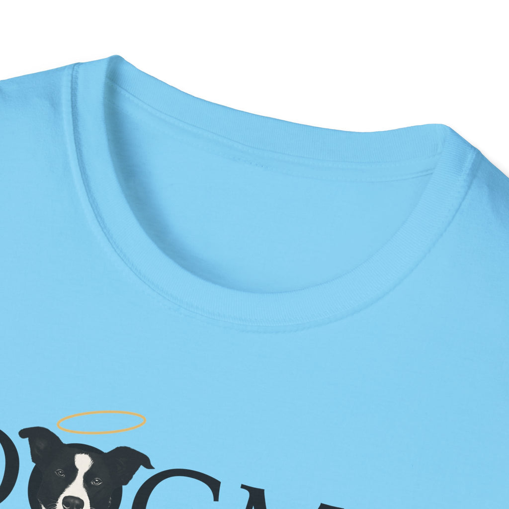Dogma House Logo Light T-Shirt close-up of the neckline on a sky blue shirt, showing the border collie face with golden halo from the Dogma House logo.