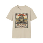 For the Love of Dog Pitbull T-Shirt flat lay on natural/sand shirt featuring a regal pitbull seated on a throne wearing a crown, with the text 'For the Love of Dog' in a vintage ornate frame with paw prints and bones.