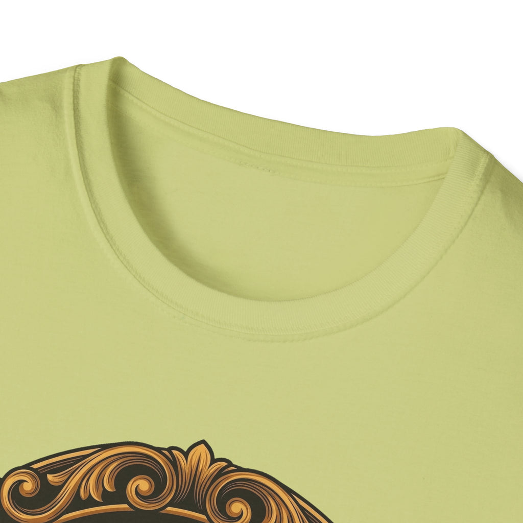 Let Go Let Dog Pug T-Shirt close-up detail on sage green, showing the top portion of the ornate gold-framed halo pug graphic and fabric texture.